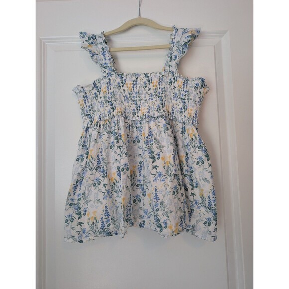 Janie And Jack White Ruffle Smock Tank Top Blue Yellow Florals Girls Size 16 - Picture 1 of 9